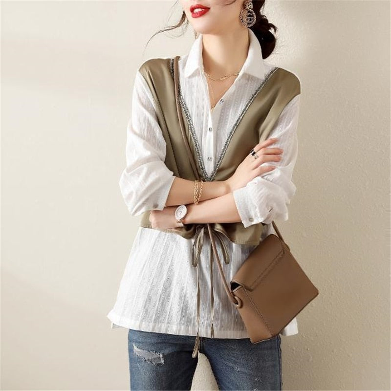 Women's Korean Patchwork Fake Two Pieces Shirts Spring Autumn Trendy Loose Chic Blouse Simple Casual Drawstring Long Sleeve Tops