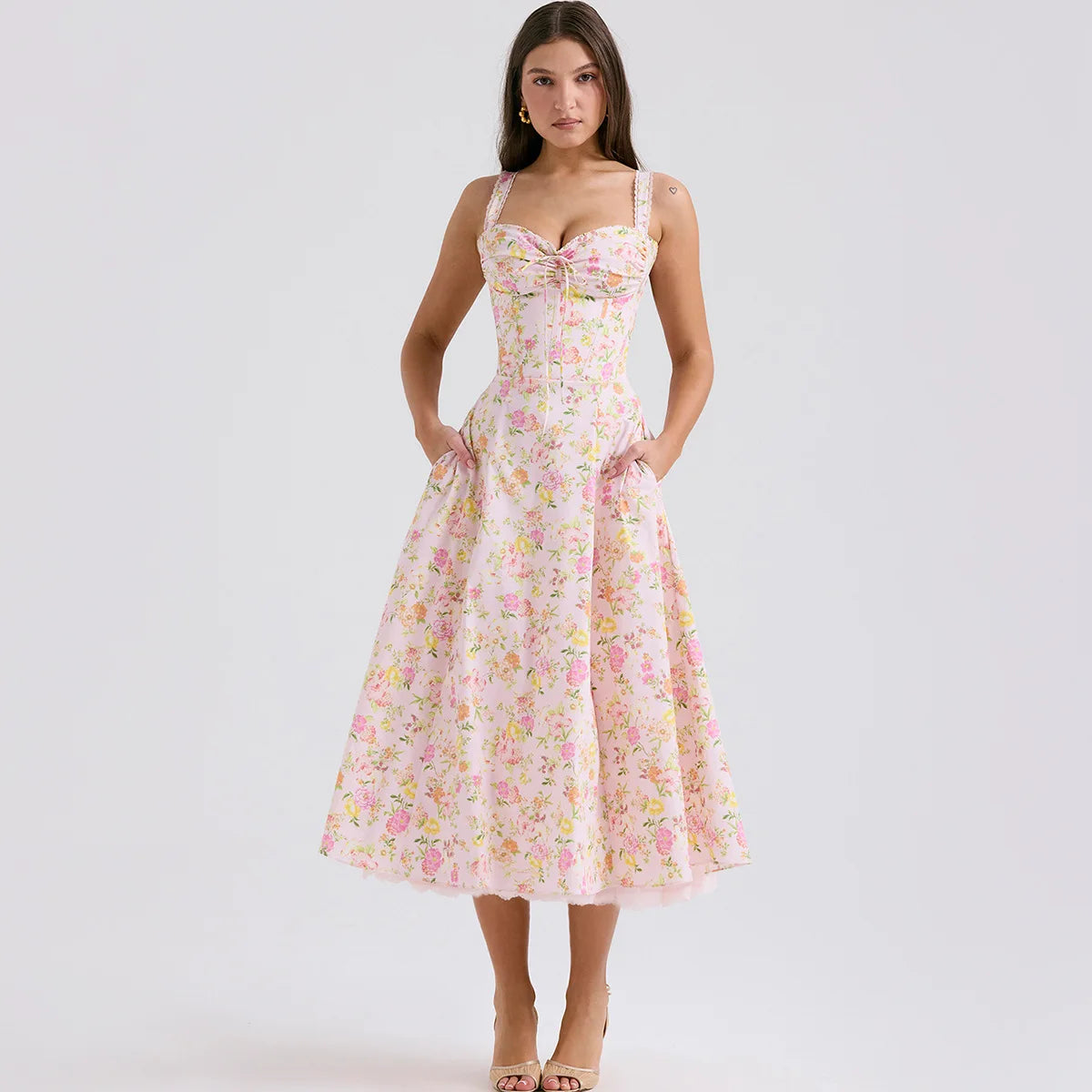 Elegant Summer Midi Dress New Arrivals Floral Print Holiday Flare Party Dress Casual Women Dress Wholesale