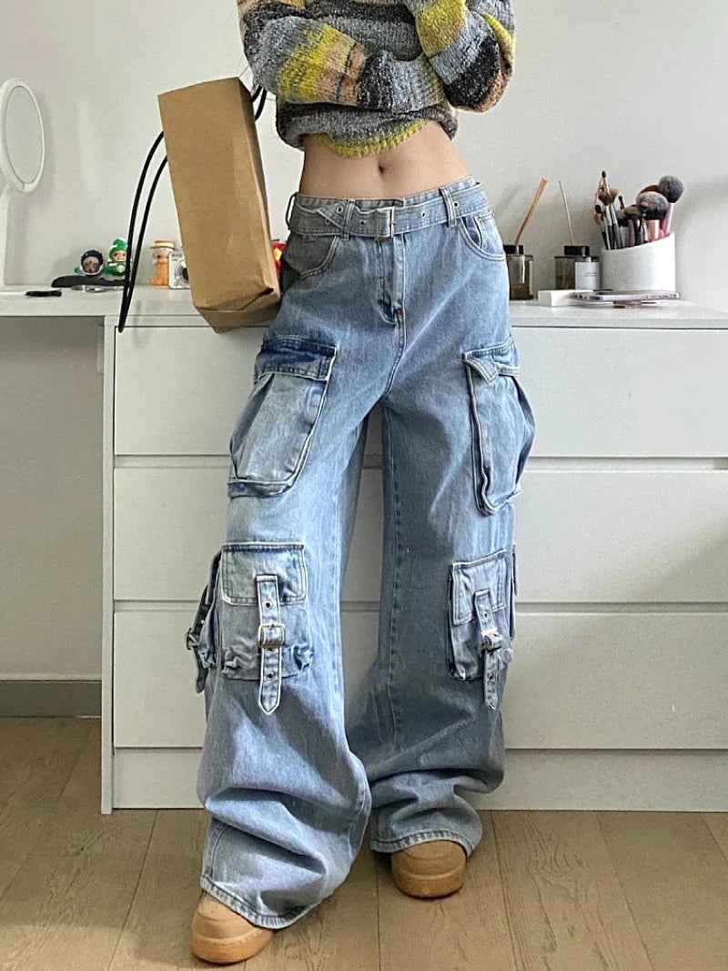 maoxiangshop Autumn Winter New Ladies Cargo Jeans American Street Style Baggy Cargo Pants Women Blue Multi-pocket Wide Leg Jeans for Women