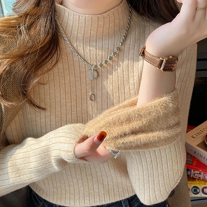 maoxiangshop Women Velvet Thicken Warm Sweaters Semi Turtleneck Knit Thermal Pullovers Solid Ribbed Sweater Women 2024 Fall and Winter