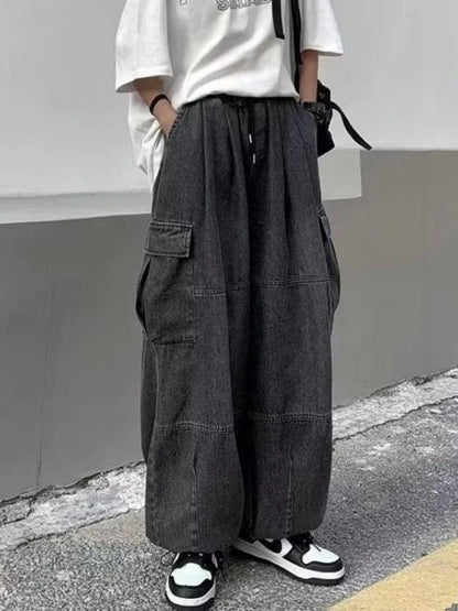 maoxiangshop 2024 Spring Autumn Men Baggy Jeans Men Wide Leg Pants Big Pockets Elastic Waist Streetwear Trousers Male Loose Denim Pants