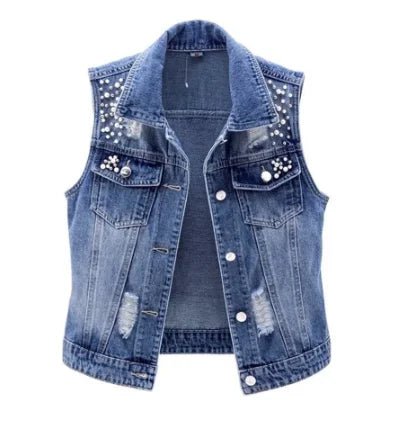 maoxiangshop Denim Women Vest Luxury Pearls Fashion Ripped Autumn Plus Size Jeans Jacket Sleeveless Loose Short Coat Causal Waistcoats