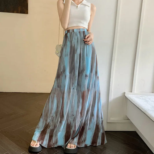 maoxiangshop Boho Vintage Long Skirts for Women Tie Dye Printed A-line Female Elegant Skirt Ladies Holiday Mid-length Maxi Skirt