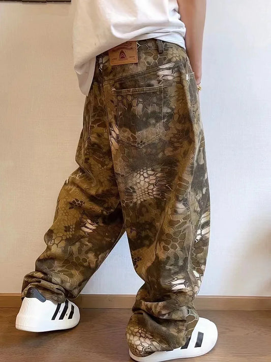 maoxiangshop Snake Animal Print Camouflage Pants for Men Wide Leg Jeans Demin Trousers Male Streetwear  Hip Hop Vintage Casual