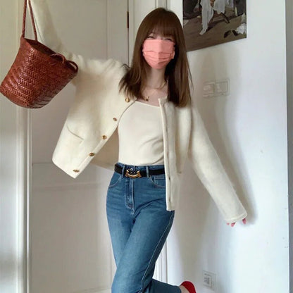 maoxiangshop Elegant Knitted White Jacket Women Round Neck Autumn Winter Fuzzy Cardigan Woman New Long Sleeve Sweater Jacket