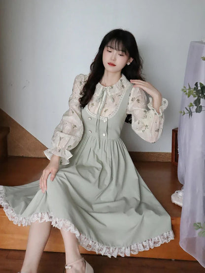 Green Elegant Vintage Strap Dress Women Spring Lace Evening Party Midi Dresses Ladies Retro Korean Sweet Kawaii Fairy Dress