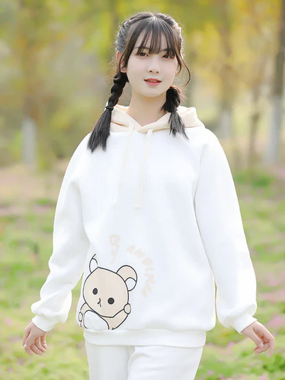 maoxiangshop Harajuku Cartoon Bear Print Kawaii Hoodies Women Winter Long Sleeve Drawstring Fleece Hooded Sweatshirt Female Pullover Top
