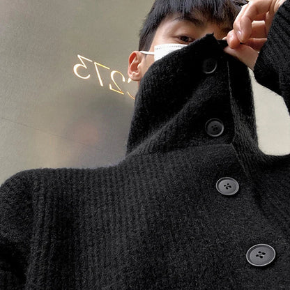 maoxiangshop Winter Clothing Men's Luxury Knitted Jacquard Turtleneck Cardigan Sweatercoat Long Sleeve Casual Buttons Solid Color Coat