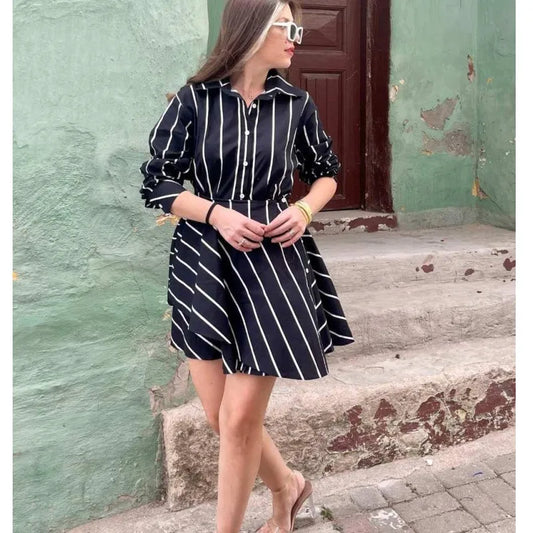 maoxiangshop  -  Women Mini Shirt Dress  Autumn New Single Breasted Dress Female Vintage Striped Long Sleeve Dress Lady Casual Slim Dresses