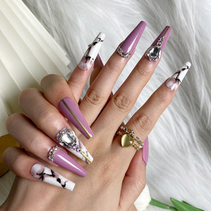 24Pcs Wearable Acrylic False Nail Tips Coffin Ballerina Fake Nails with Glue Purple Design Detachable Full Cover Press on Nails