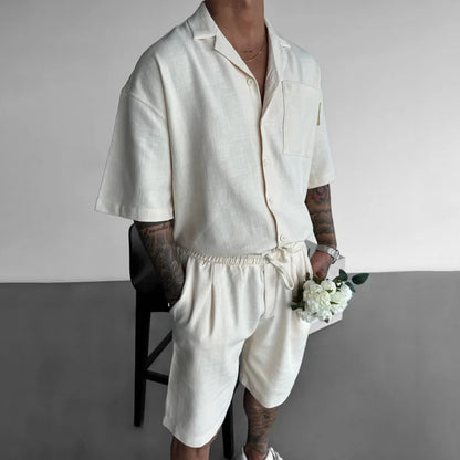 maoxiangshop Streetwear Vintage Mens Shirts Two Piece Outfits Fashion Solid Color Suits Loose Pocket Short Sleeve Shirt And Shorts Men Sets