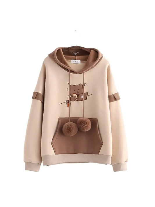 maoxiangshop Women Cute Drawstring Bear Embroidery Fleece Hoodies Winter Korean Fashion Harajuku Hoody Sweatshirt Female Pullover Top