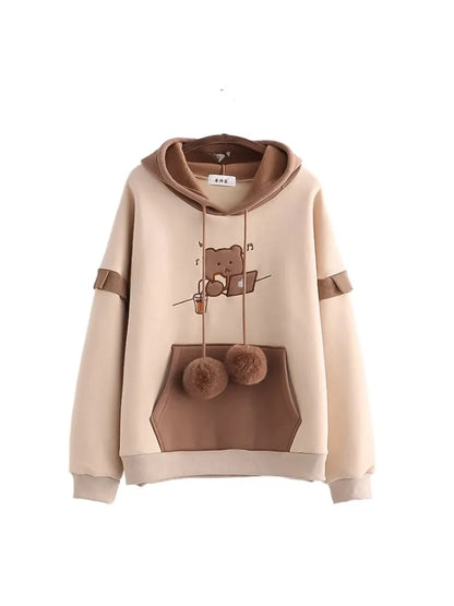 maoxiangshop Women Cute Drawstring Bear Embroidery Fleece Hoodies Winter Korean Fashion Harajuku Hoody Sweatshirt Female Pullover Top