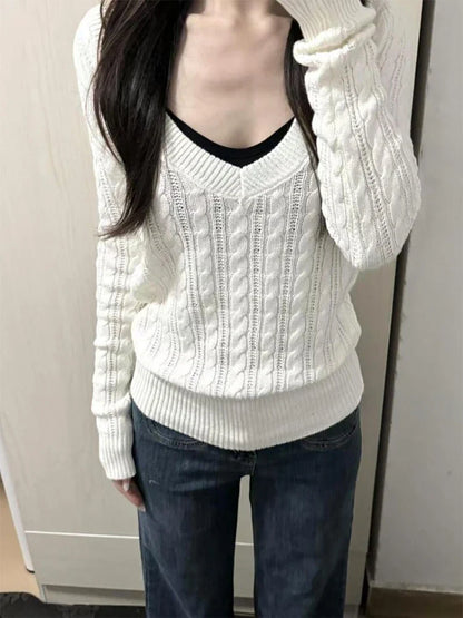 maoxiangshop  -  2024 Autumn Sweet Solid Twist Sweater Women Y2k Aesthetic Casual Loose Vintage Tops Preppy Style Fairy Knitwear All Match Jumper