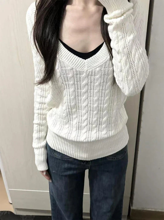 maoxiangshop  -  2024 Autumn Sweet Solid Twist Sweater Women Y2k Aesthetic Casual Loose Vintage Tops Preppy Style Fairy Knitwear All Match Jumper