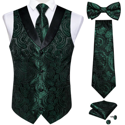 maoxiangshop Brand Suit Vest Set For Men Luxury Silk Black Gold Paisley Dress Vest Tie Cufflinks Handkerchief Set Male Sleeveless Waistcoat