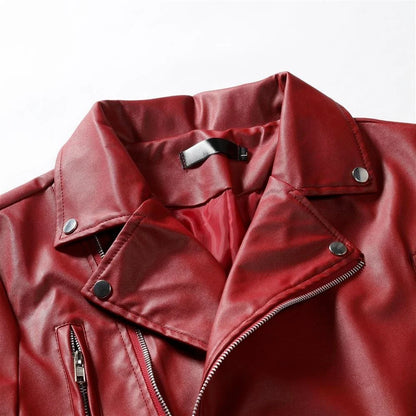 maoxiangshop WELL DRESSED MEN Men PU Leather Jacket Solid Color Casual Slim-Fit Zipper Long Sleeve Turn-Down Collar Motorcycle Leather JacketCoat Men Clothing