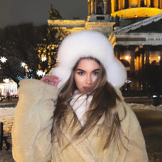 maoxiangshop  -  2024 Winter Women Fluffy Furry Faux Fox Fur Bomber Hats Flaps Luxury Vintage Y2k Girls Warm Earflap Snow Ski Hat Caps Russian