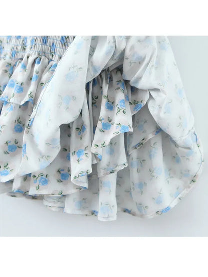 Chu Sau beauty New Summer Fashion Sweet Floral Print Elastic Tight Mini Dress Cute Chic Ruffles Sexy Backless Straped Dresses