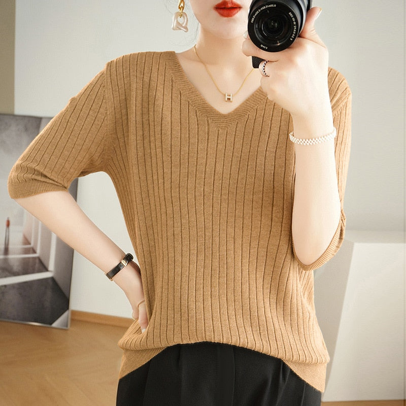 maoxiangshop Women Sweater Short Sleeve Spring Summer Knitwears Korean Fashion Stripe Pullovers Slim Fit Knit Tops Casual V-neck Jumpers