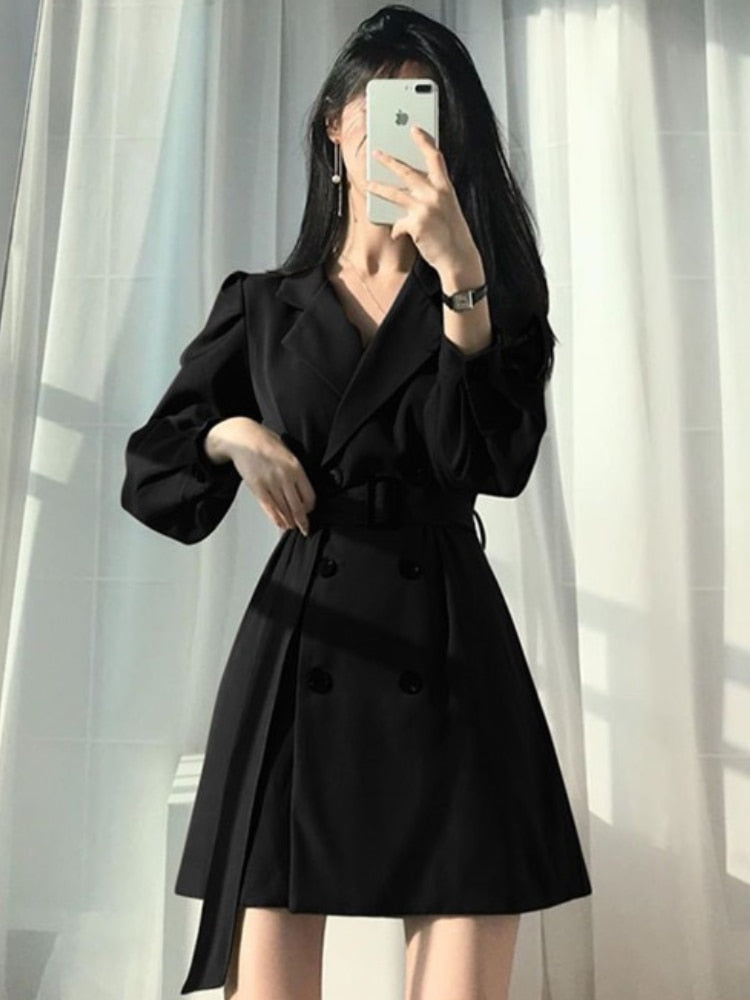 maoxiangshop Vintage Notched Black Long Sleeve Jacket Slim Blazer Mini Dresses for Women Korean Fashion Sexy Casual Bodycon Dress Autumn