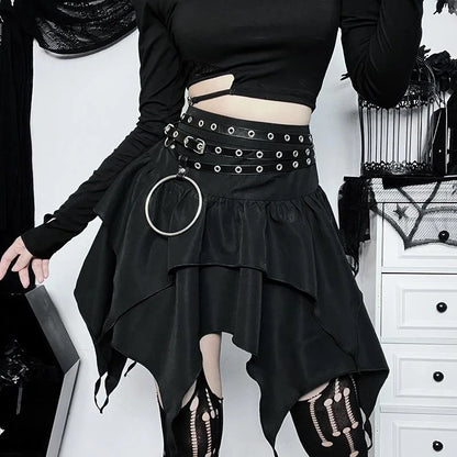 maoxiangshop Steampunk Gothic Punk Women's Asymmetrical High Low Irregular Hem Elastic Waist Zipper Mini Skirt with Concave Waist Chain