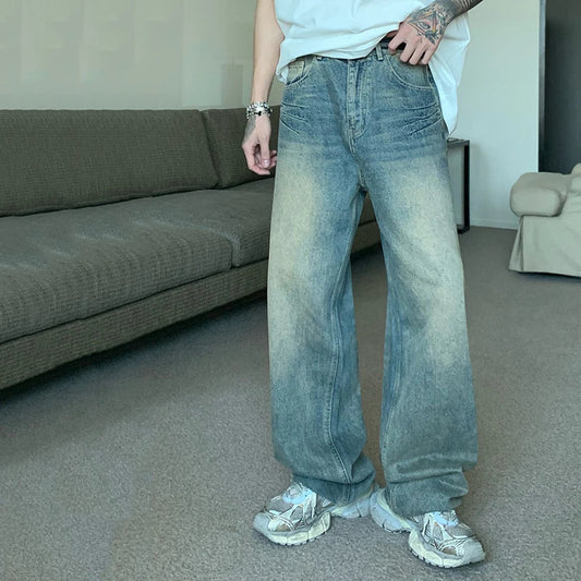 maoxiangshop Korean Style Vintage Men's Denim Pants Fashion Washed Distressed Straight Gradient Jeans Summer Loose Slim Wide Leg