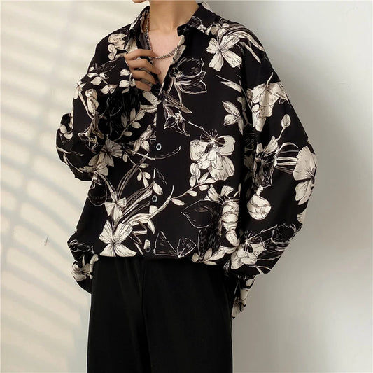 maoxiangshop Spring Black Long-sleeved Shirt Men Fashion Society Mens Dress Shirt Korean Loose Casual Flower Shirt Mens Print Shirt M-3XL