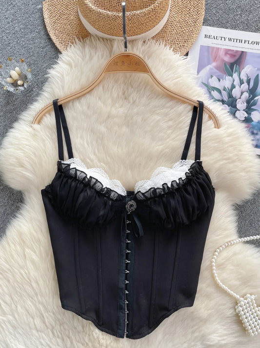 maoxiangshop Chic Women Tank Tops Lace Patchwork Spaghetti Strap Cropped Top Backless Corset Camis Female Vintage French Style
