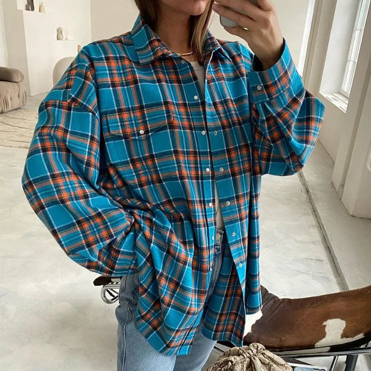 maoxiangshop -  Vintage Plaid Blouses Womans Loose Long Sleeve Shirt Autumn Winter Casual Single Breasted Shirt with Pockets Female Tops