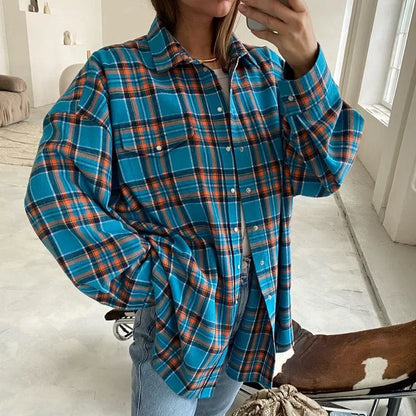 maoxiangshop -  Vintage Plaid Blouses Womans Loose Long Sleeve Shirt Autumn Winter Casual Single Breasted Shirt with Pockets Female Tops