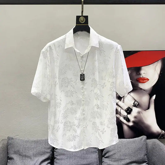 maoxiangshop Men High Quality Vintage Flower Casual Streetwear Y2K Button Shirts Trendy Lapel Black White Loose Short Sleeve Tops Ropa Hombre