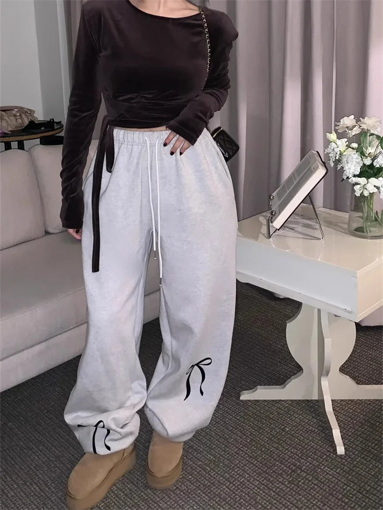 maoxiangshop -  Korean Fashion Fleece Sweatpants Women Y2K Bow Print Brushed Pants Oversized Winter Fairycore Wide Leg Joggers Pants