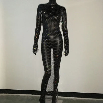 maoxiangshop-Y2K Sexy Shiny Rhinestones Grid Fishnet Dress Long Sleeve Hollow Out Side Slit Dress Beach Cover Up Breathable Lady Vestidos