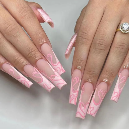 maoxiangshop 24pcs Long Coffin Purple False Nails Ballet Simple Glitter with Glue French Design Wearable Fake Nails Artificial Nail Tips