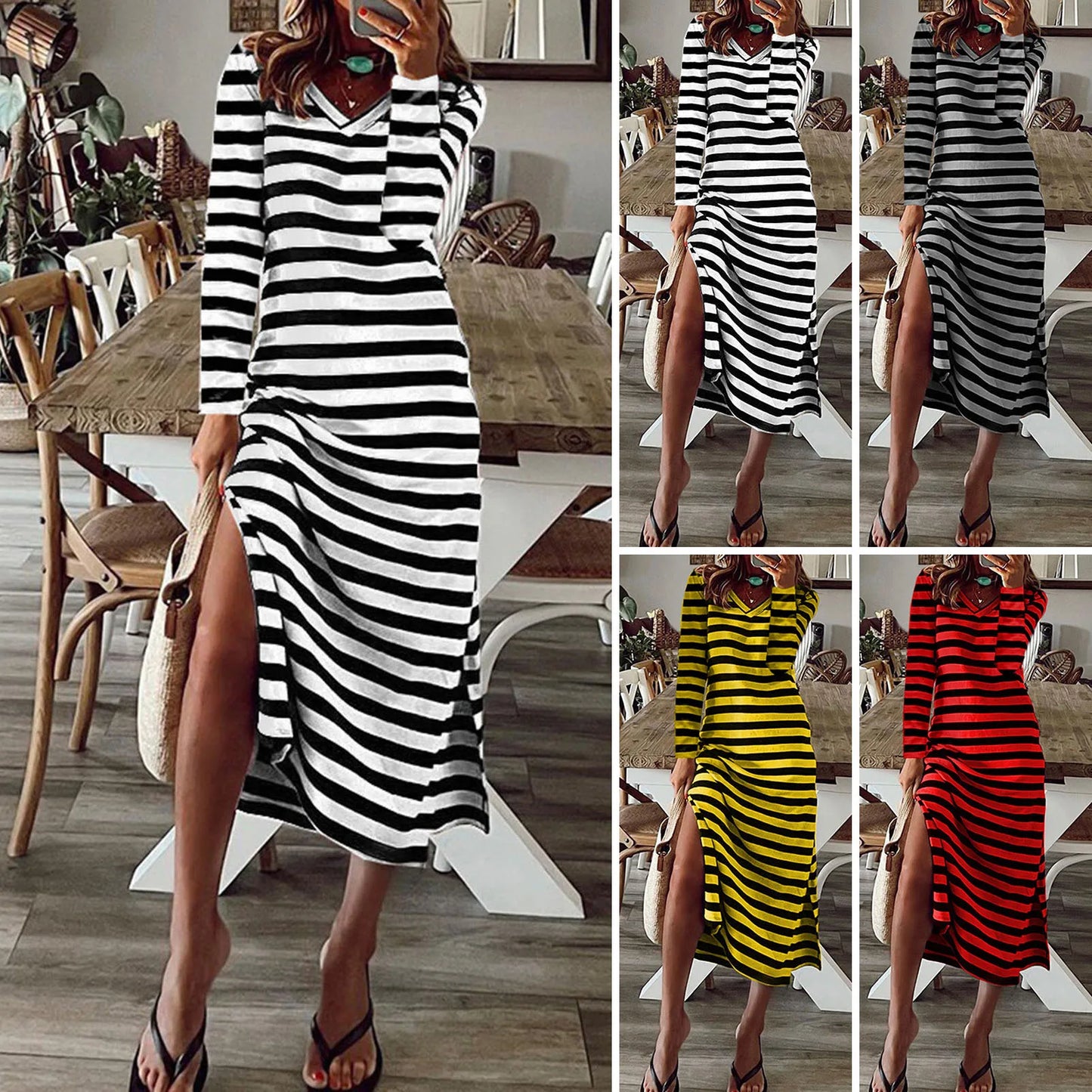 maoxiangshop Summer Dresses Woman Plus Size Dresses For Women Casual Stripe Print V-neck Short Sleeve Loose Long Dress Robe Femme