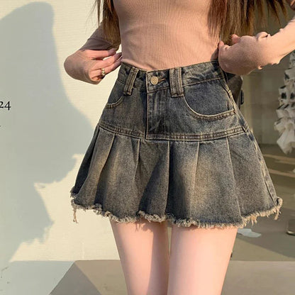 Vintage 90S Denim Mini Skirt Women Y2K 2000S Streetwear Pleated Jeans Skirts Harajuku Korean High Waist A Line Skirt New