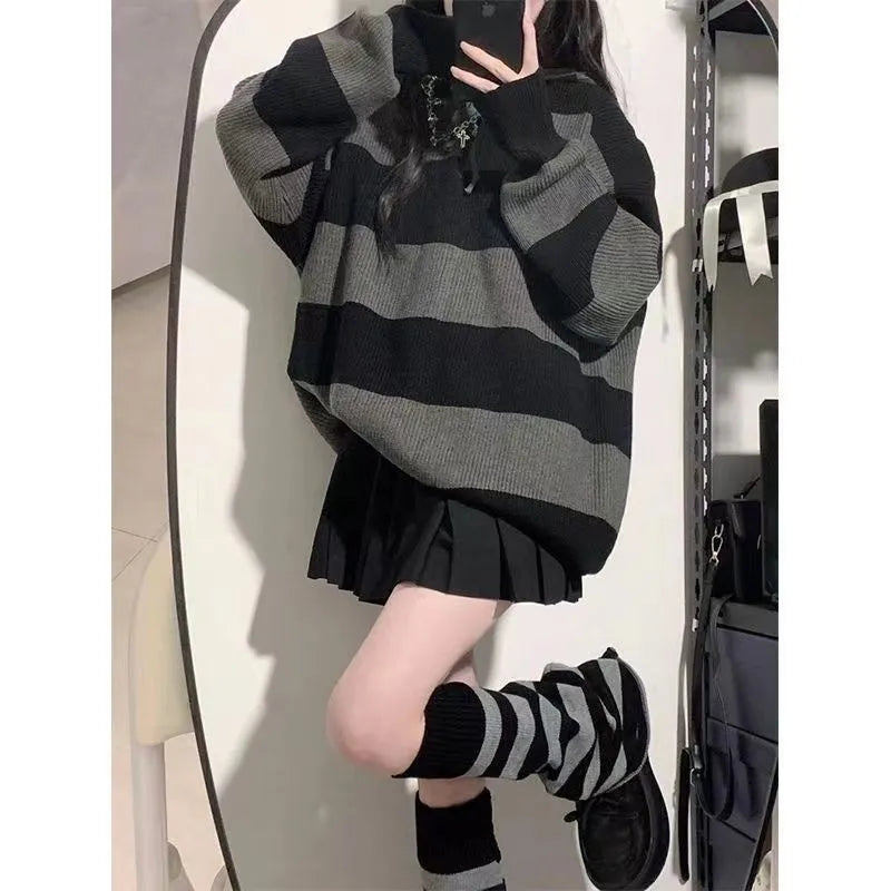 maoxiangshop Women Knitted Sweatshirt Korean Fashion Stripe Female Loose Long Sleeve Sweater Casual Streetwear Jumper Autumn New