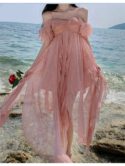 maoxiangshop Mesh Strap Long Dress Women Elegant Pink Slash Neck Backless Ruffles Ladies Casual Beach Sexy Dresses