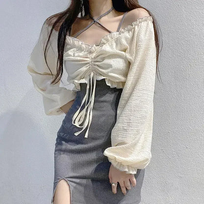 Vintage Two Piece Set Slash Neck Puff Sleeve Ruffles Draw String Crop Tops Forked Female Slim Fashion Tand Dresses Spring Sets