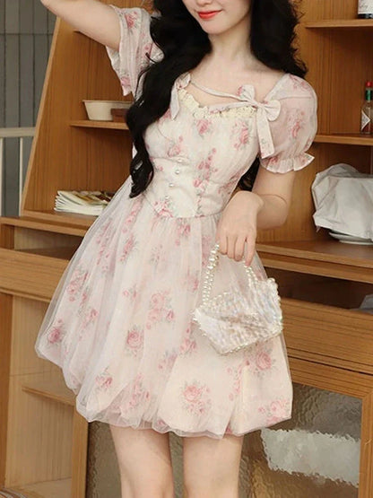 maoxiangshop-Summer Floral Sweet Mini Dress Women Print French Elegant Fairy Dress Female Korean Fashion Cute Party Mini Dress Summer 2023