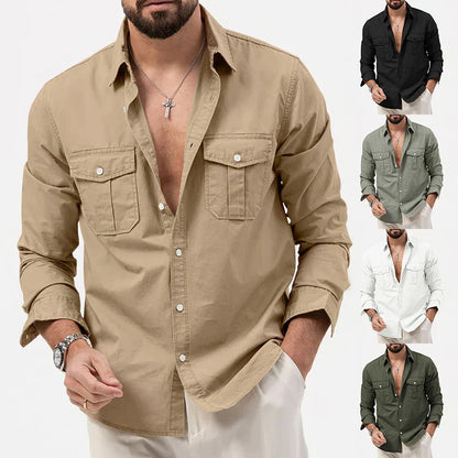 maoxiangshop WELL DRESSED MEN Men's Shirt Multi-pocket Casual Long-sleeved Shirt