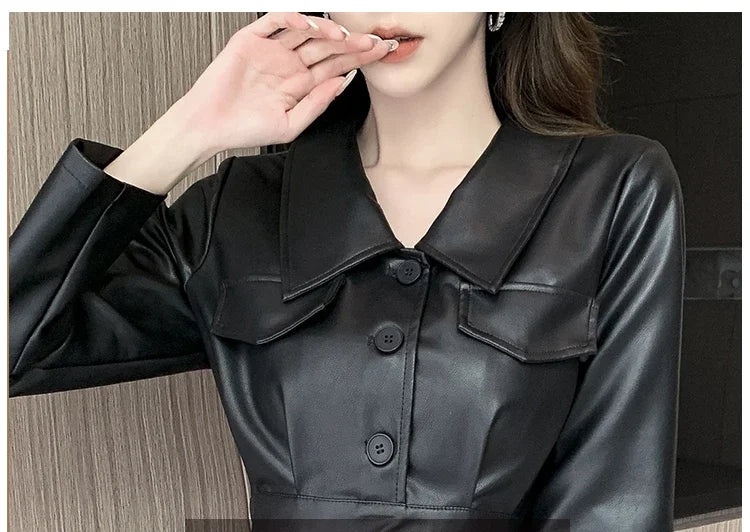 maoxiangshop Spring Fall Women High Waisted Black Pu Leather Irrgular Dress , Woman Slim Above Knee Length Pleated Dresses