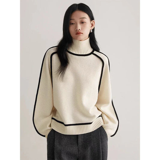 Vintage Striped Sweater Women Patchwork Knitted Pullovers Korean Half High Neck Knitwear Winter Long Sleeve Loose Jumpers