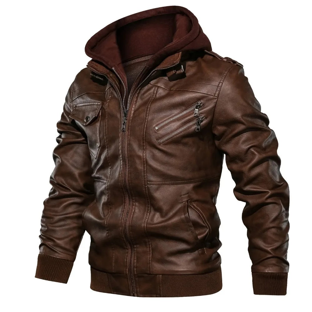 maoxiangshop Autumn Winter Men's Leather Jackets Hooded Casual Motorcycle PU Jackets Biker Leather Outerwear Brand Clothing