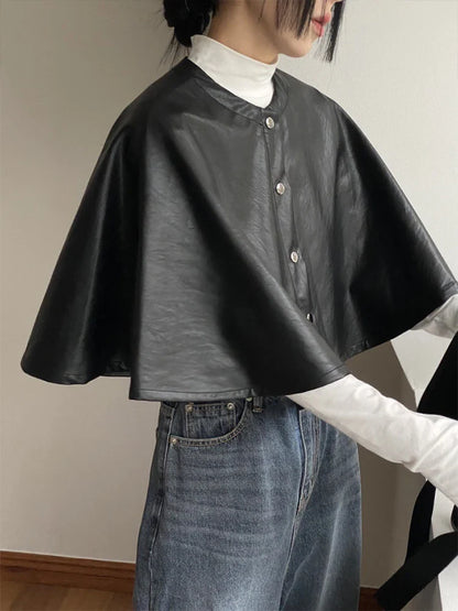 maoxiangshop  -  Solid Color Leather Women's Cloak Shawl Fashion Round Neck Single Breasted Short Tops Autumn Casual Loose Retro Women Jacket