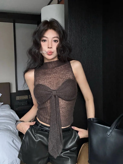 maoxiangshop  -  Y2k Sweater Vest with Bow Half High Collar Jumpers Sexy Slim Sleeveless Knitted Underwear Korean Fashion Autumn Winter