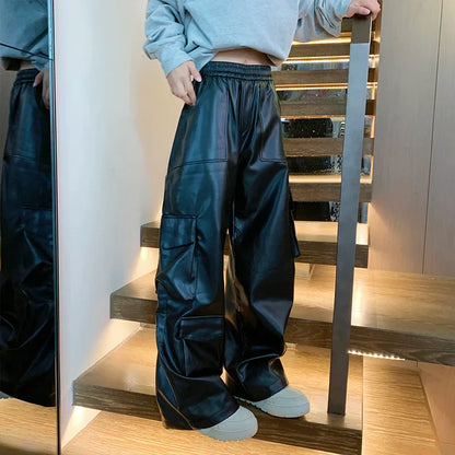 maoxiangshop 90s Streetwear Black Leather Pants Men Oversized Retro Pocket Cargo Pants Men Streetwear Hip-hop Loose Wide Leg Pants Mens Motorcycle Trousers