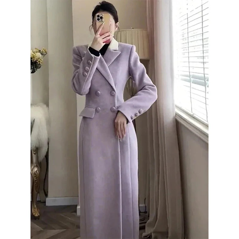 Elegant Long Wool Blends Coats Women Korean Quilted Blazer Jackets Double Breasted Woolen Overcoat Winter Thick Outerwear