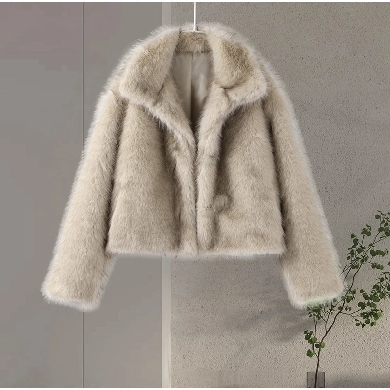 maoxiangshop  -  Vintage Warm Open Fur Coats Women Casual Warm Lapel Solid Faux Fur Overcoats Female Winter Elegant Loose Chic Street Outwear